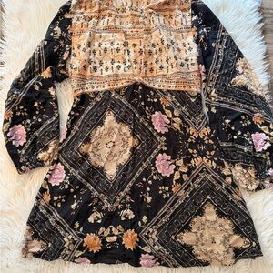 Free People Beige and Teal Patterned Top